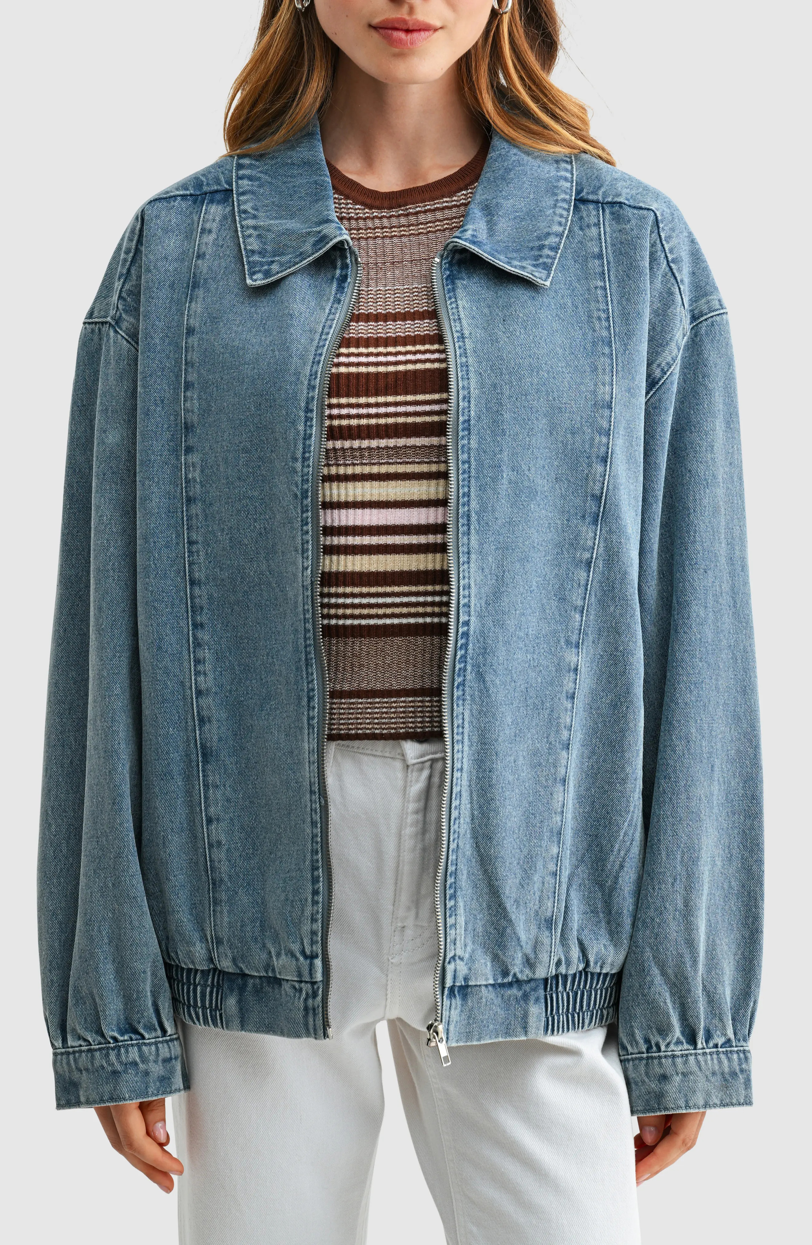 All in Favor Oversized Denim Bomber Jacket in Light Denim at Nordstrom, Size X-Large | Nordstrom