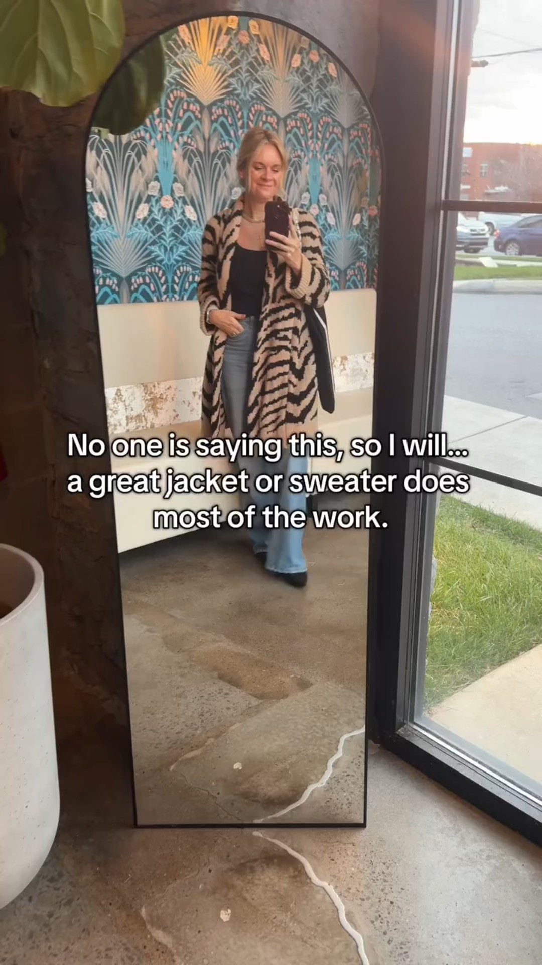 No one is saying this, so I will… a great jacket or sweater does most of the work. 

When your layer is right, the rest of the outfit can be simple — and still look intentional. 

A strong outer layer adds structure, polish, and personality. It’s often the first thing people notice and the piece that pulls everything together.

If you want to look put together without overthinking it, start with the layer. 

This is one of our go-to styling shortcuts for clients — and it works every time.✨