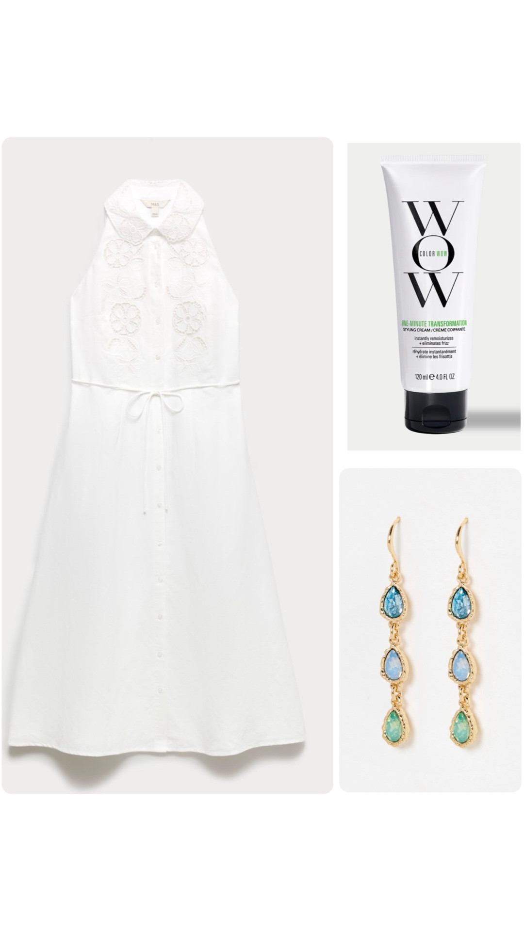 Here are some lovely white dresses and statement earrings for Spring/Summer!  I’m also giving the shopping link for the styling cream I use from Color Wow.

#LTKstyletip #LTKsummer #LTKuk