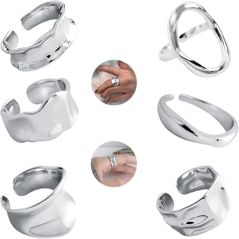 WAINIS 6 Pcs Chunky Gold Open Rings for Women Statement Boho Adjustable Rings Set | Amazon (US)