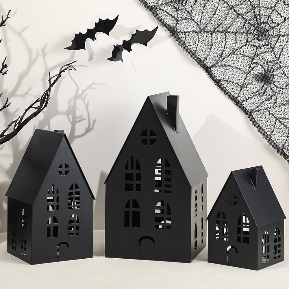 Juego de 3 casas de metal negro de pueblo de Halloween, decoración de mesa, decoración de casa ... | Amazon (US)