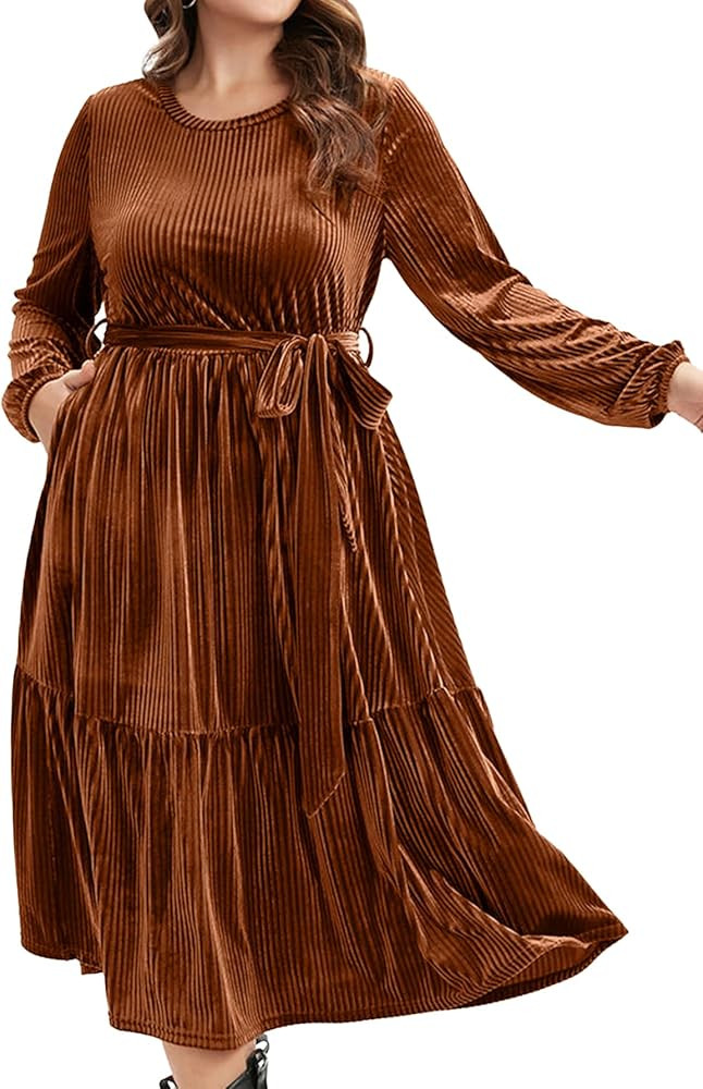 BerryGo Women's Plus Size Long Sleeve Velvet Midi Dress Casual Velour Crew Neck A Line Tiered Dre... | Amazon (US)