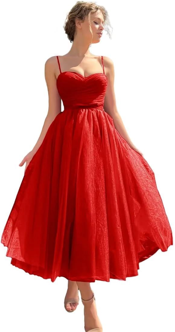 Basgute Tulle Tea Length Prom Dresses for Women Corset Sweetheart Spaghetti Straps Teens Formal E... | Amazon (US)