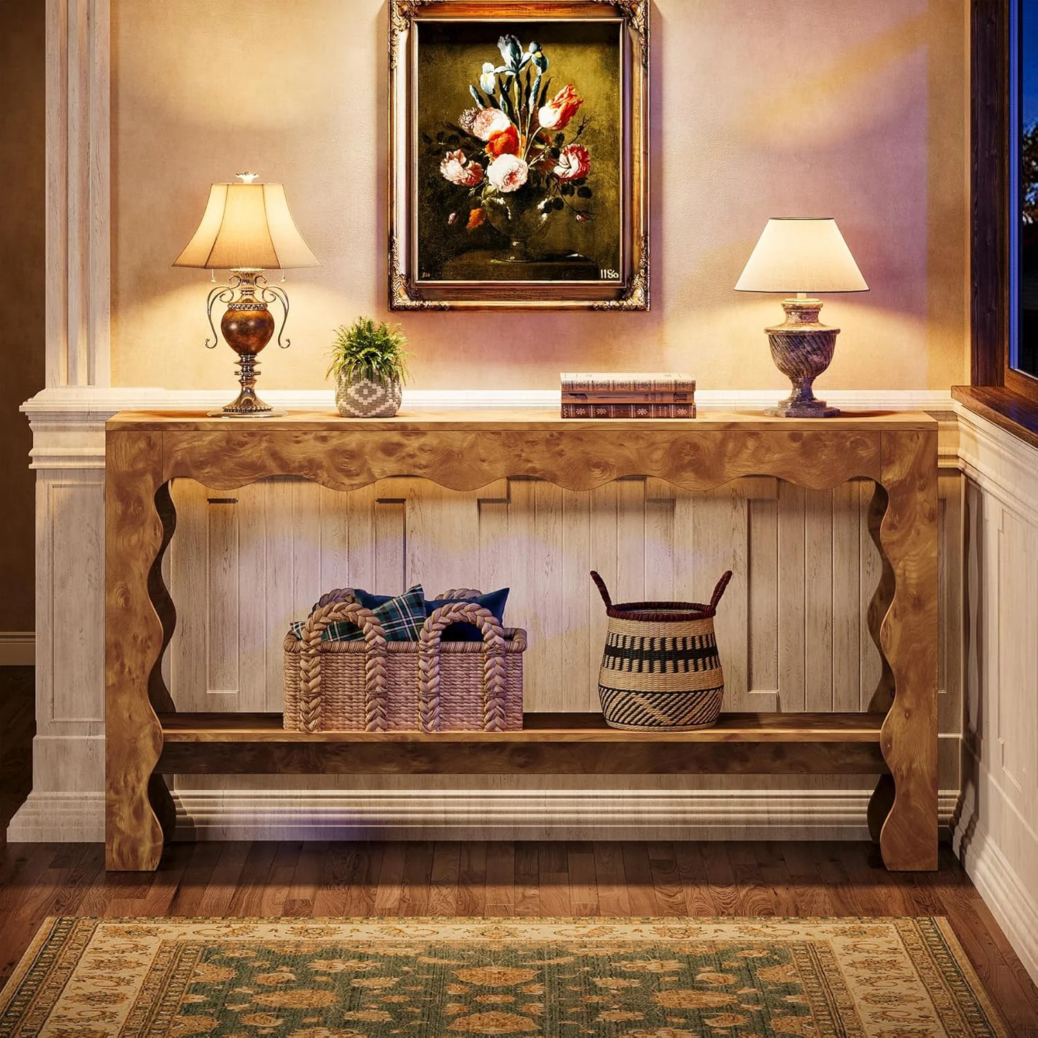 63 Inches Long Farmhouse Sofa Console Table with Scalloped Curves - 63"L*11.81"W*33.46"H - Light ... | Overstock