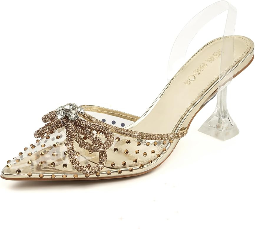 JENN ARDOR Women's Clear Heels Pointed Toe Kitten Heel Bow Pumps Rhinestone Strap Slingback Wedding  | Amazon (US)