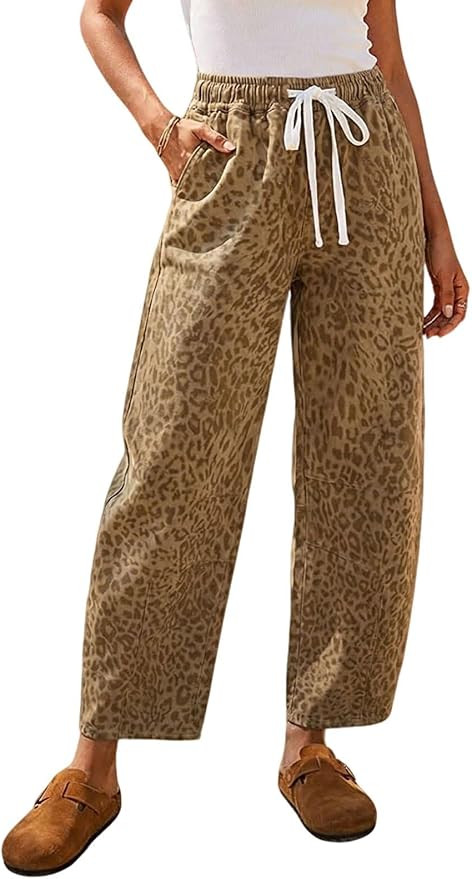 Women Baggy Cheetah Print Barrel Jeans Leopard Printed Denim Barrel Pants Elastic Waist Wide Leg ... | Amazon (US)