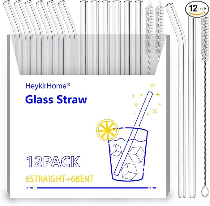 HeykirHome 12-Pack Reusable Glass Straw,Size 8''x10 MM,Including 6 Straight and 6 Bent with 2 Cle... | Amazon (US)