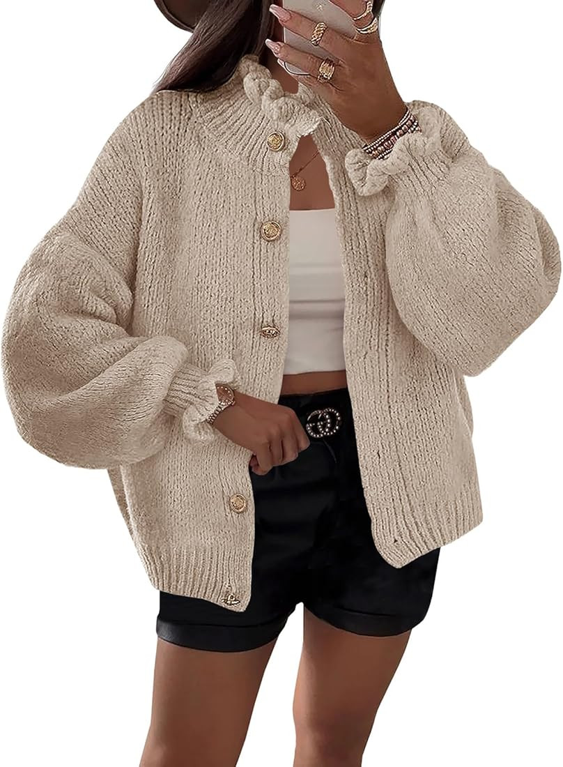 Saodimallsu Womens Ruffle Cardigan Oversized Button Up Fall Trendy Ribbed Knit Open Front Long Sl... | Amazon (US)