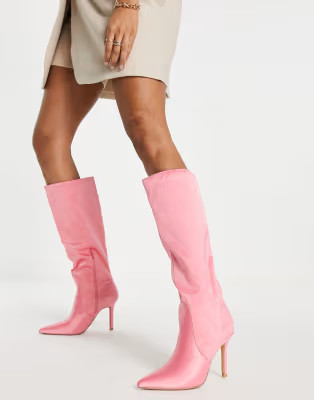 Public Desire Best Believe knee high heel boots in pink satin | ASOS (Global)