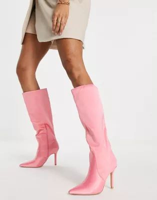Public Desire Best Believe knee high heel boots in pink satin | ASOS (Global)