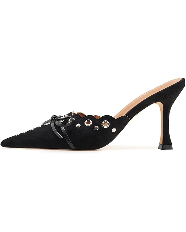 Bow Tie Heeled Mules for Women Pointy Studs Kitten Heels Dress Pumps Backless Stilettos… | Amazon (US)