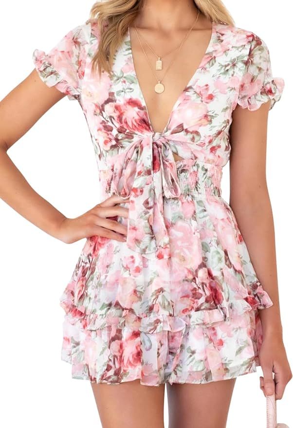 SySea Women's Deep V-Neck Dresses Summer Ruffle Short Sleeve Tie Front Flowy Beach Mini Dress | Amazon (US)