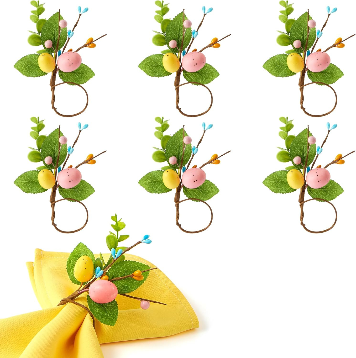 APTWOW Easter Napkin Rings Set of 6 - Farmhouse Eggs Napkin Holder, Spring Eucalyptus Leaf Napkin... | Amazon (US)