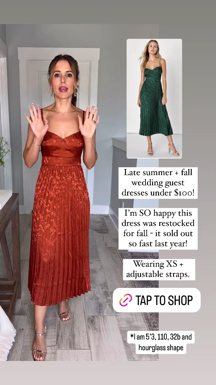 Wedding guest dresses. Summer wedding guest. Fall wedding guest. Midi wedding guest dress.  Pleated wedding guest dress. Cocktail dresses. Date night outfits. Party dresses.

*XS with adjustable straps


#LTKParties #LTKWedding #LTKFindsUnder100