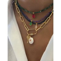 Gold Carabiner Necklace, Gold Lock Chunky Charm Pearl Necklace | Etsy (US)