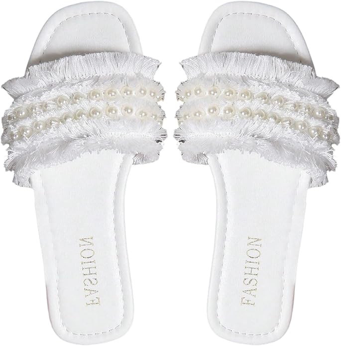 BEAUDRM Women's Pearls Chain Flat Sandals Dressy Open Toe Slip On Flats Summer Casual Outdoor Sli... | Amazon (US)