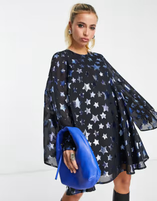 Twisted Wunder retro bell sleeve mini swing dress in blue star print | ASOS (Global)