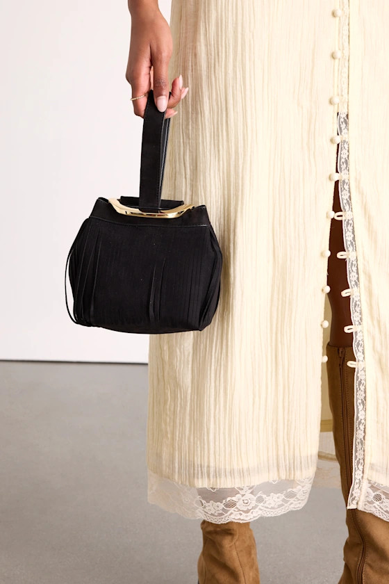 Bruny Black Suede Fringe Bucket Bag | Lulus