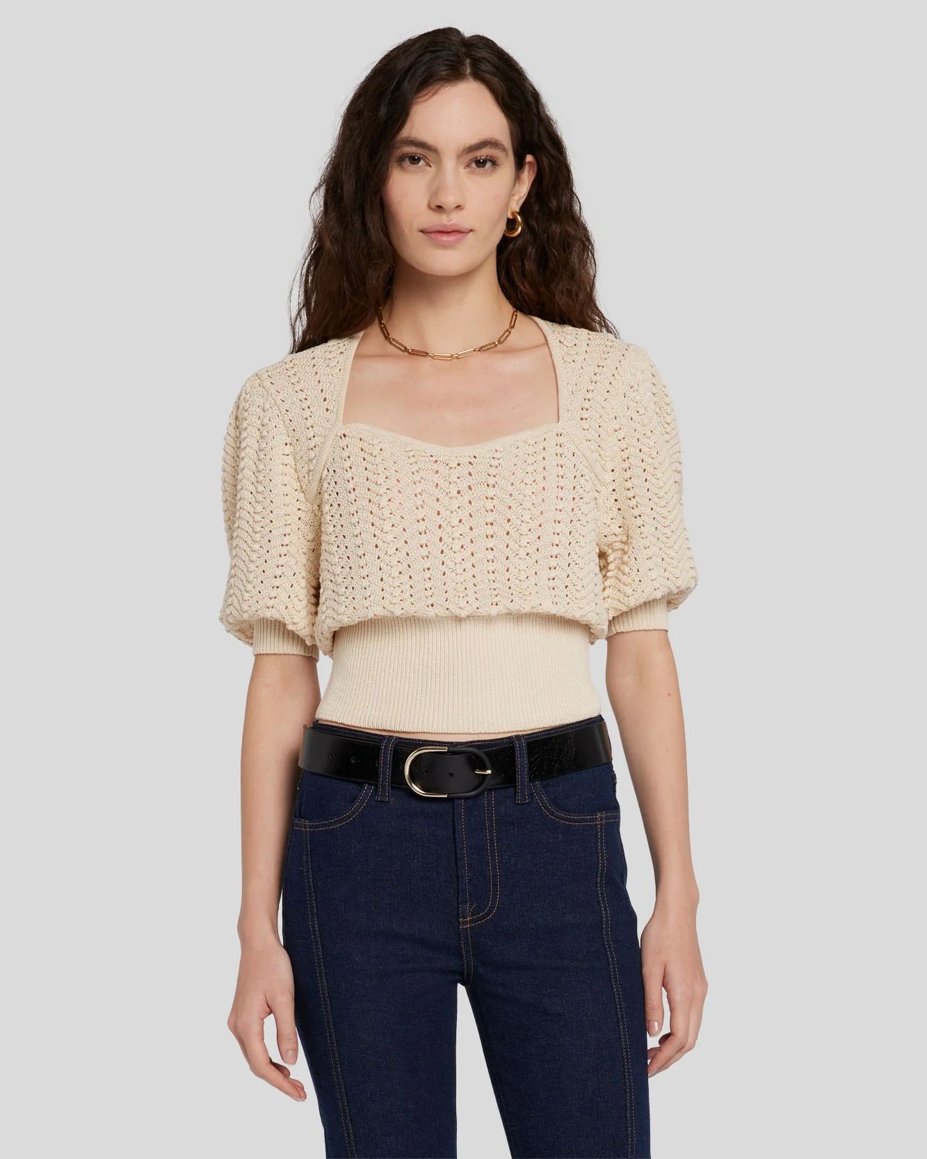 Sweetheart Pointelle Knit Sweater in Bone | 7 For All Mankind | 7 For All Mankind