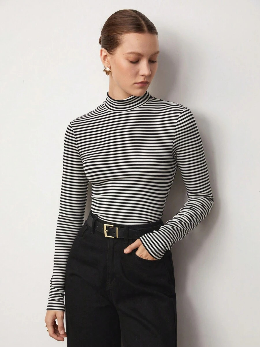 BizChic Women's Black & White Striped Turtleneck Long Sleeve Fitted T-Shirt, Basic Top For Outing... | SHEIN