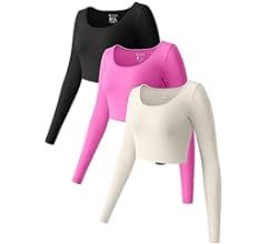 OQQ Women's 3 Piece Crop Tops Long Sleeve Round Neck Stretch Fitted Underscrubs Shirts Crop Tops | Amazon (US)