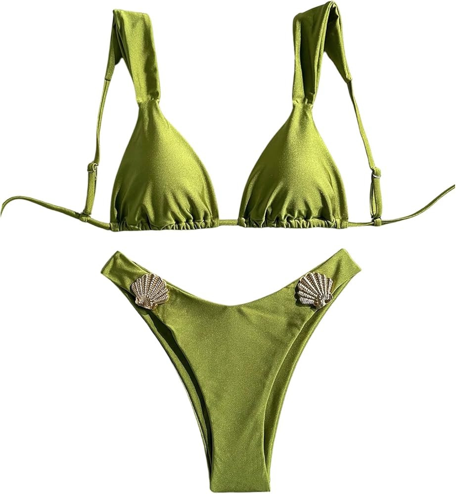 WDIRARA Women's 2 Piece Metal Seashell Bikini Set High Cut Swimsuit Tie Backless Bathing Suit | Amazon (US)