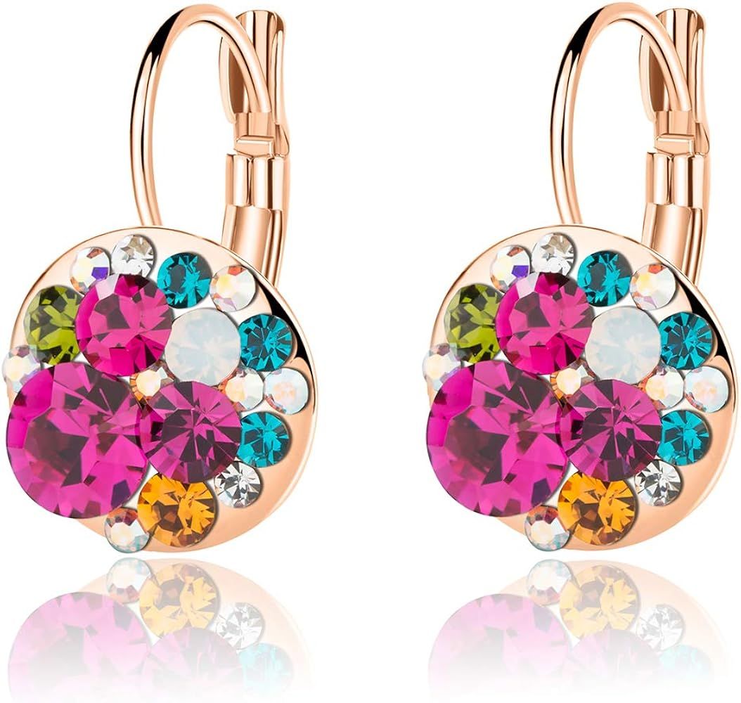 Multicolored Austrian Crystal Leverback Earrings for Women 14K Gold Plated Dangle Hoop Earrings H... | Amazon (US)