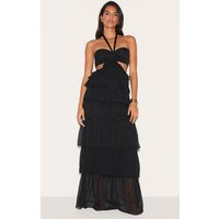 Black Ruched Bust Frill Tiered Maxi Dress | PrettyLittleThing US
