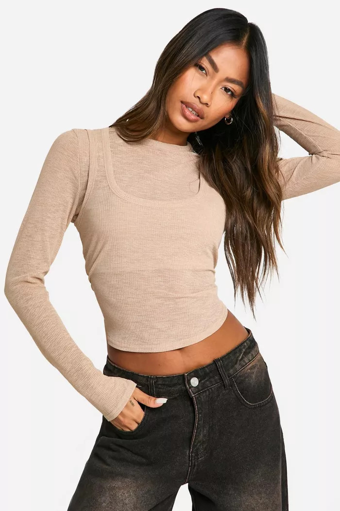 Textured Mesh 2 Layer Long Sleeve Top | Boohoo.com (UK & IE)