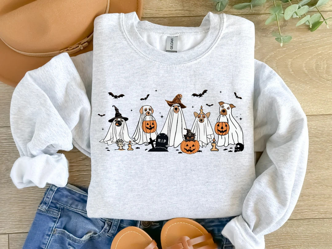 Cute Ghost Dogs Halloween Sweatshirt, Ghost Dogs Tshirt, Dog Lovers Halloween Gift, Cute Women Ha... | Etsy (US)