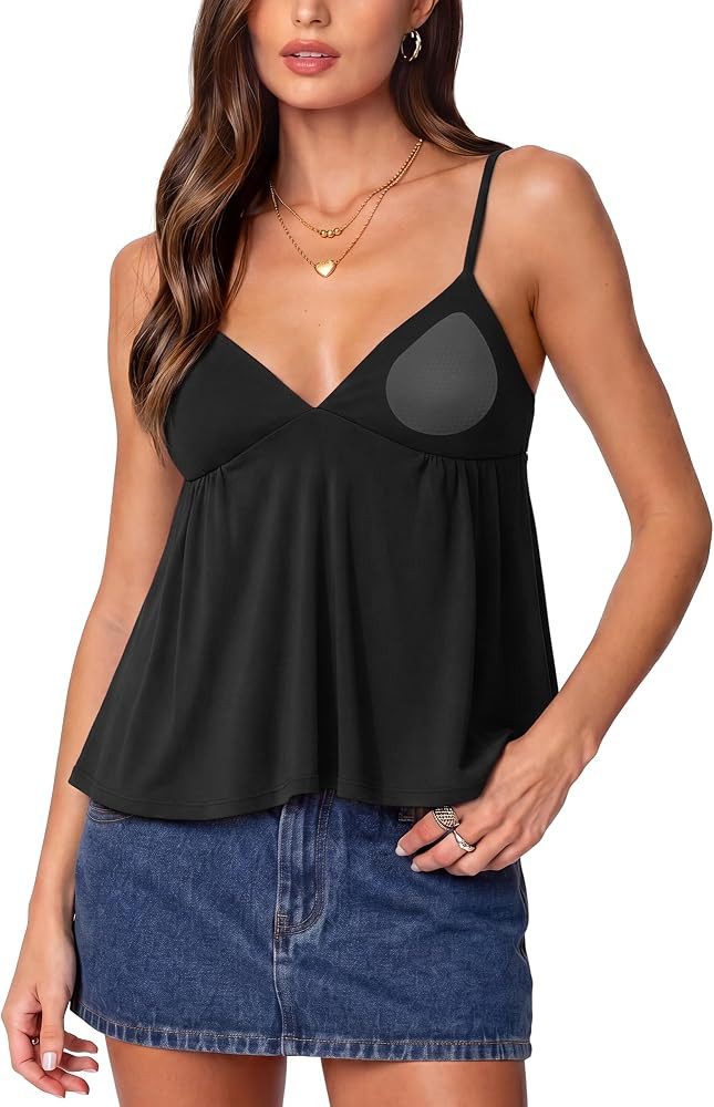 SUUKSESS Women V Neck Babydoll Tank Tops with Built in Bra Summer Cute Peplum Cami Going Out Tops | Amazon (US)