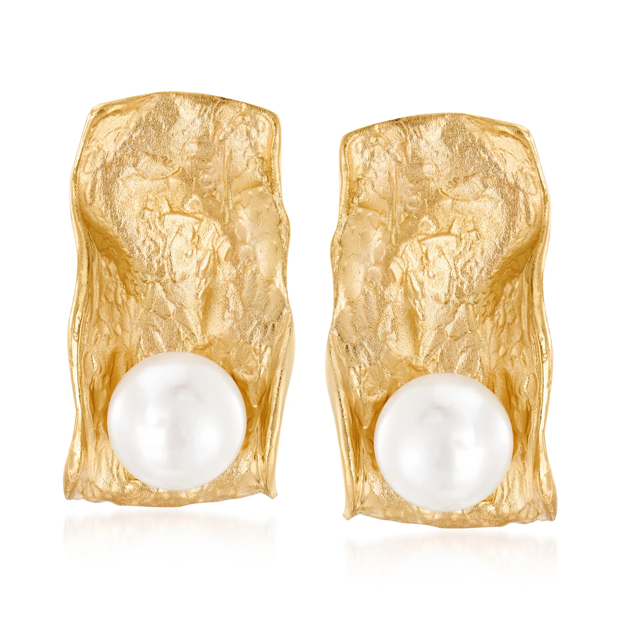 Italian 6.5-7mm Cultured Pearl Sculptural Earrings in 18kt Gold Over Sterling | Ross-Simons
