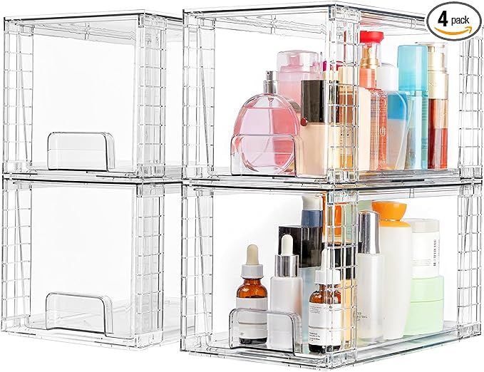Vtopmart 4 Pack Large Stackable Storage Drawers,Clear Acrylic Drawer Organizers with Handles, Eas... | Amazon (US)