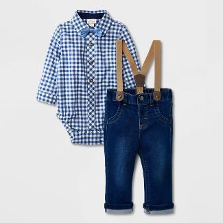Baby Boys' 'Little Man' Gingham Denim Suspender Set with Bowtie - Cat & Jack™ Blue | Target