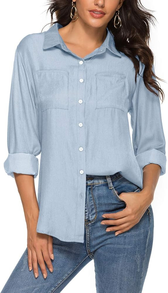 Romanstii Cotton Shirt Women Long Sleeve,Long Sleeve Chambray Button Down Shirts for Casual and W... | Amazon (US)