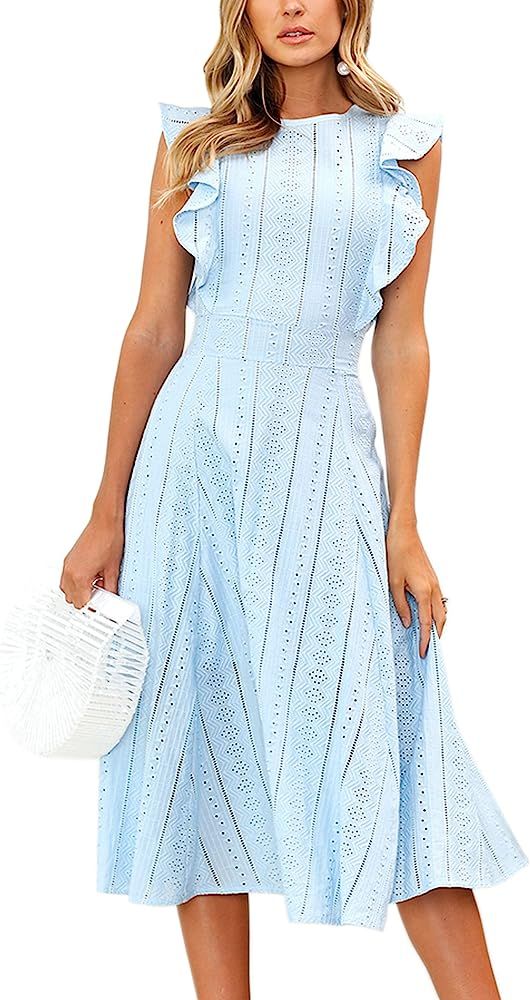 Womens Dresses Elegant Ruffles Cap Sleeves Summer A-Line Midi Dress | Amazon (US)