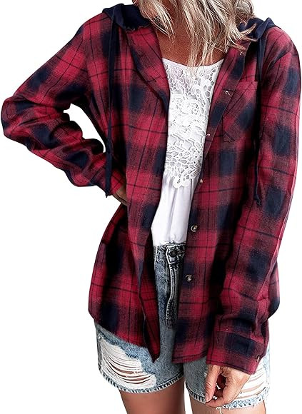 Ezcosplay Women Shacket Flannel Plaid Tops Long Sleeve Plaid Blouse Hood Button Down Casual Shirt... | Amazon (US)