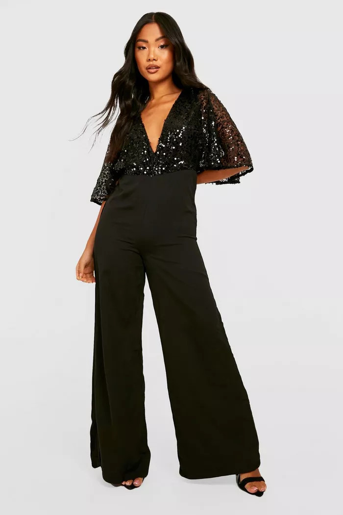 Petite Sequin Flared Sleeve Wide Leg Jumpsuit | Boohoo.com (UK & IE)