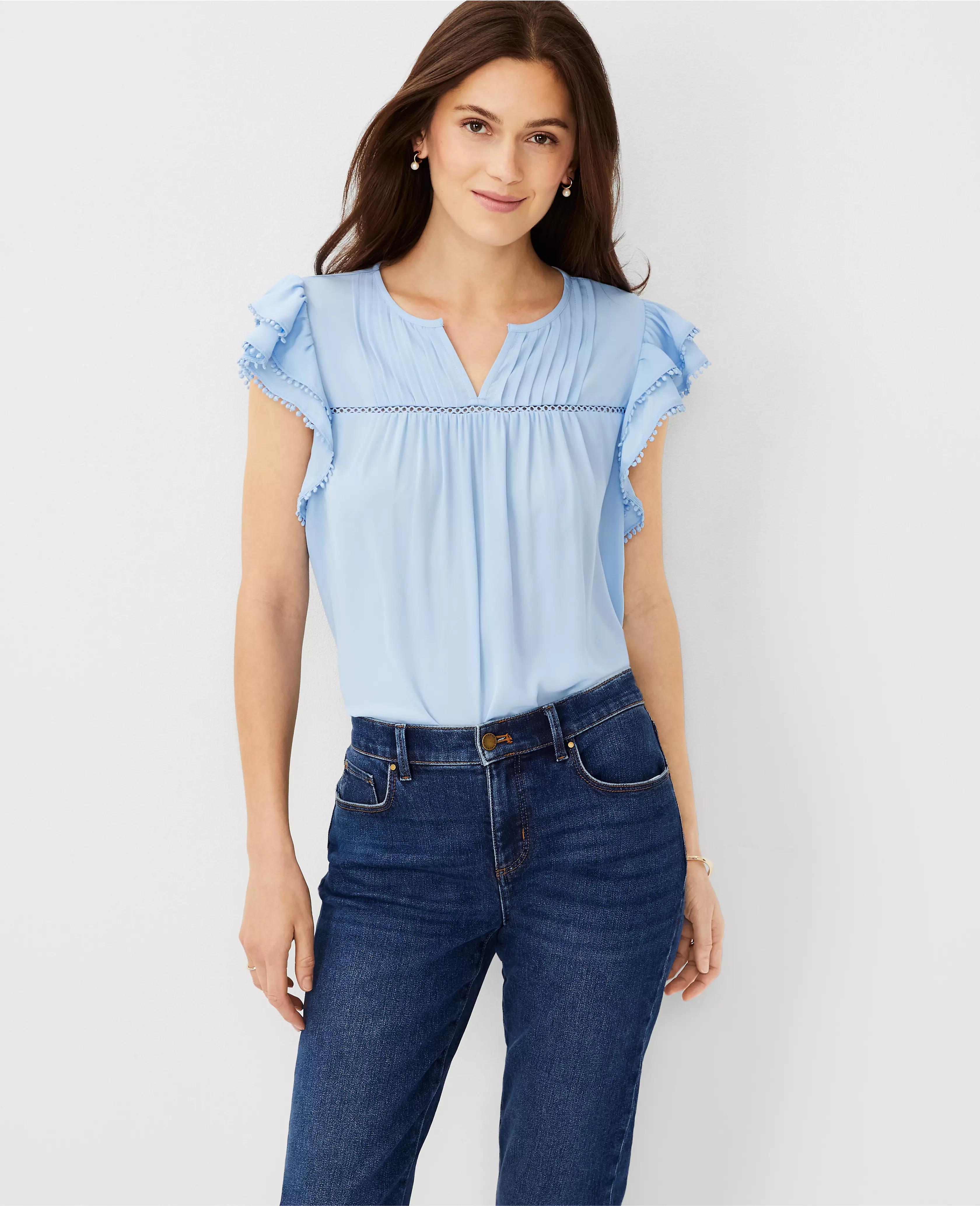 Bobble Mixed Media Flutter Sleeve Top | Ann Taylor (US)