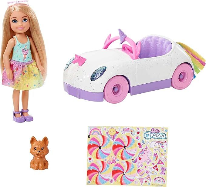 Barbie Chelsea Doll & Unicorn Toy Car, Blonde Small Doll in Removable Skirt, Pet Puppy, Sticker S... | Amazon (US)