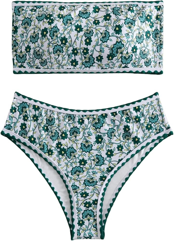 WDIRARA Women's Floral Print Strapless Lace Up Bikini Swimsuit 2 Piece Bathing Suit | Amazon (US)
