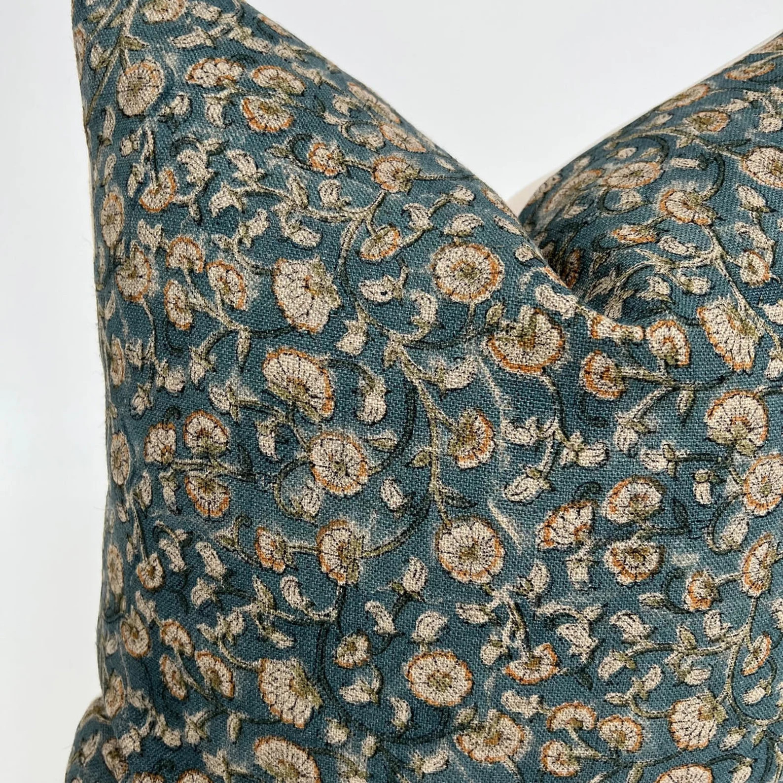 Floral Pillow Cover Cotton Linen Blend Blue Teal Brown Rustic - Etsy | Etsy (US)