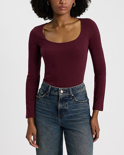 Body Contour Stretch Cotton Scoop Neck Long Sleeve Bodysuit | Express