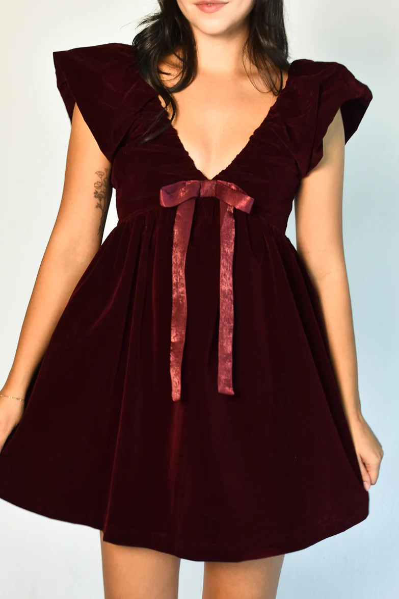 Brooks Burgundy Velvet Bow Mini Dress | Confête