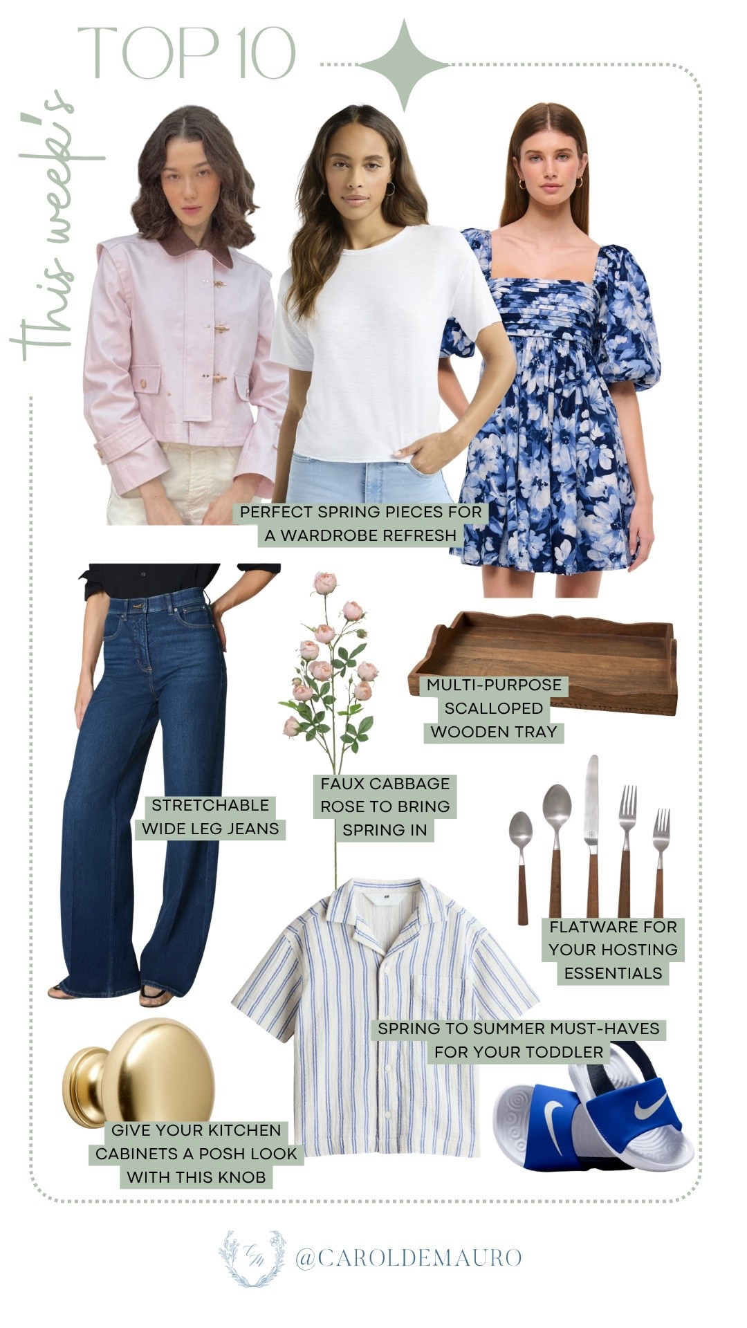 This week’s top ten has everything you need, from stretchable wide-leg jeans and spring outfits to chic home finds like faux cabbage roses and a scalloped wooden tray. You’ll also love the look of this new flatware, posh cabinet knobs, and a striped summer button-up for your toddler.

spring fashion, floral dresses, capsule wardrobe, boys outfit, kitchen finds, tableware, faux flower, home accents

#LTKSeasonal #LTKHome #LTKootd