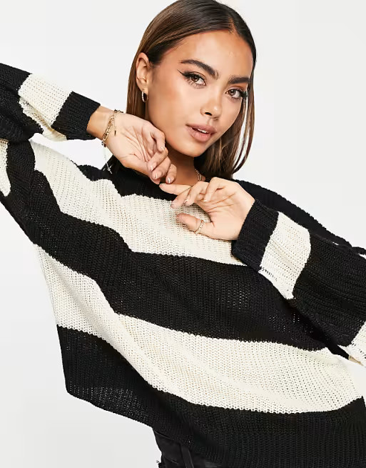 Stradivarius sweater in jumbo black & ecru stripe | ASOS (Global)