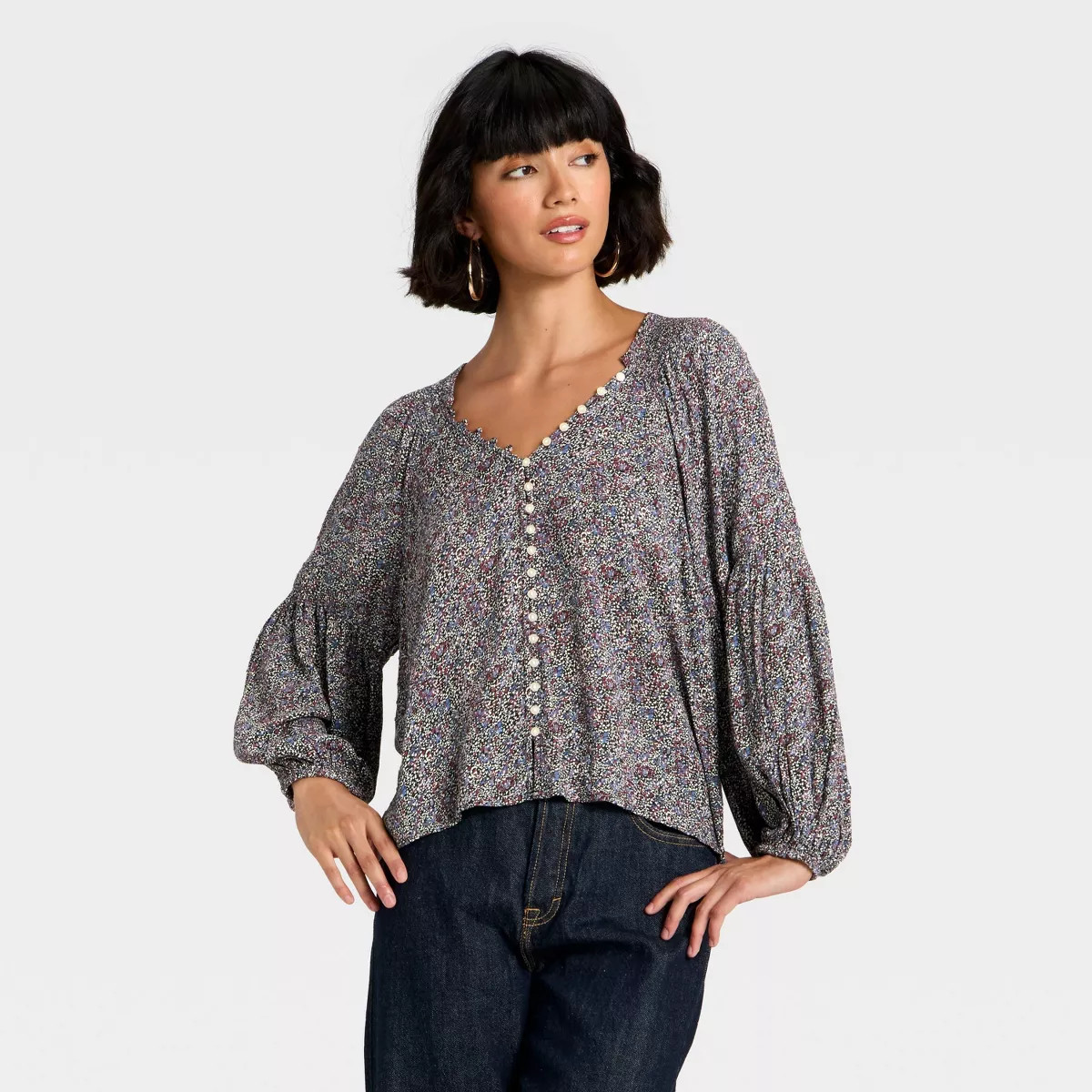 Women's Balloon Long Sleeve Button-Down Blouse - Universal Thread™ Navy Blue Abstract XS | Target