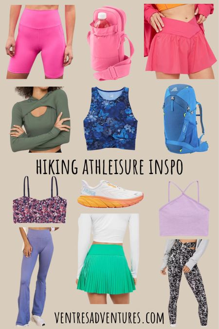 Hiking athleisure inspo for women including colorful sports bras, leggings, bike shorts, skorts, and backpacks from Aerie and Free People.

#LTKtravel #LTKfit #LTKstyletip