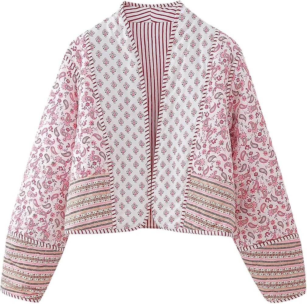 Flygo Women Cropped Puffer Jacket Cardigan Floral Printed Quilted Coats Lightweight Open Front Cr... | Amazon (US)