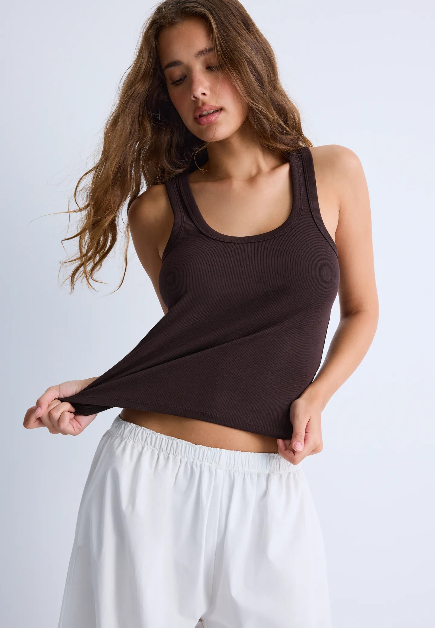 Ribbed cotton racerback top - Women's Tank Tops | Stradivarius United Kingdom | Stradivarius (UK)